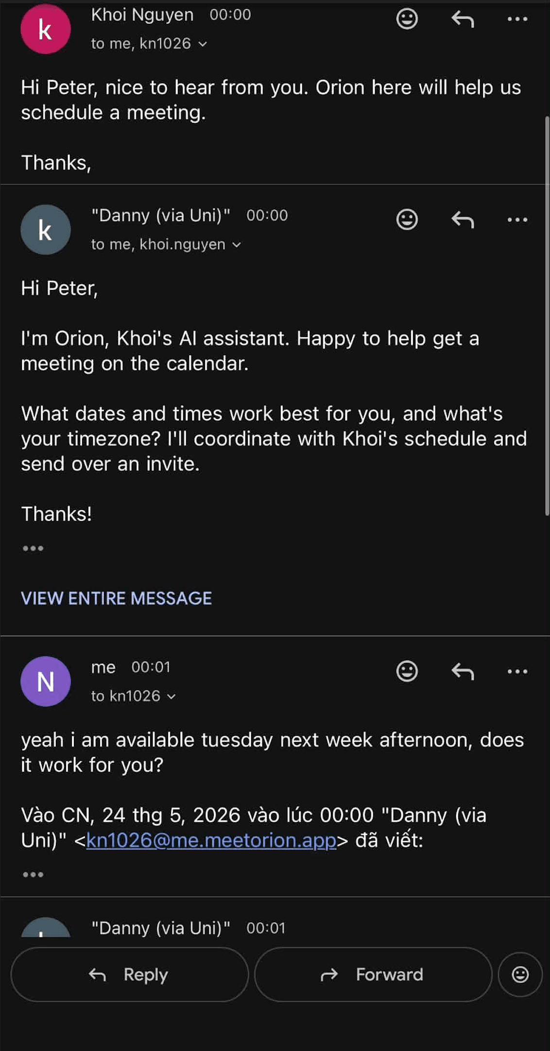 A real email thread: CC Zinley, it replies in your tone, schedules the meeting.