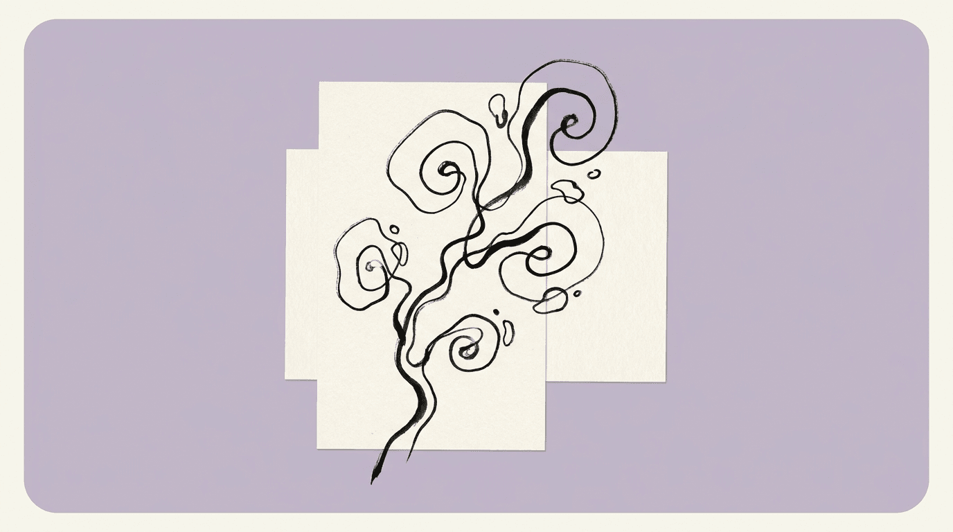 Line drawing: a tangle of loops resolving into a single line.