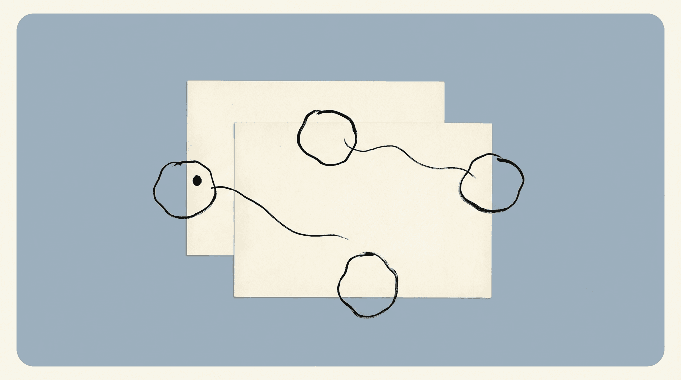 Line drawing: separate marks joined by one continuous thread.