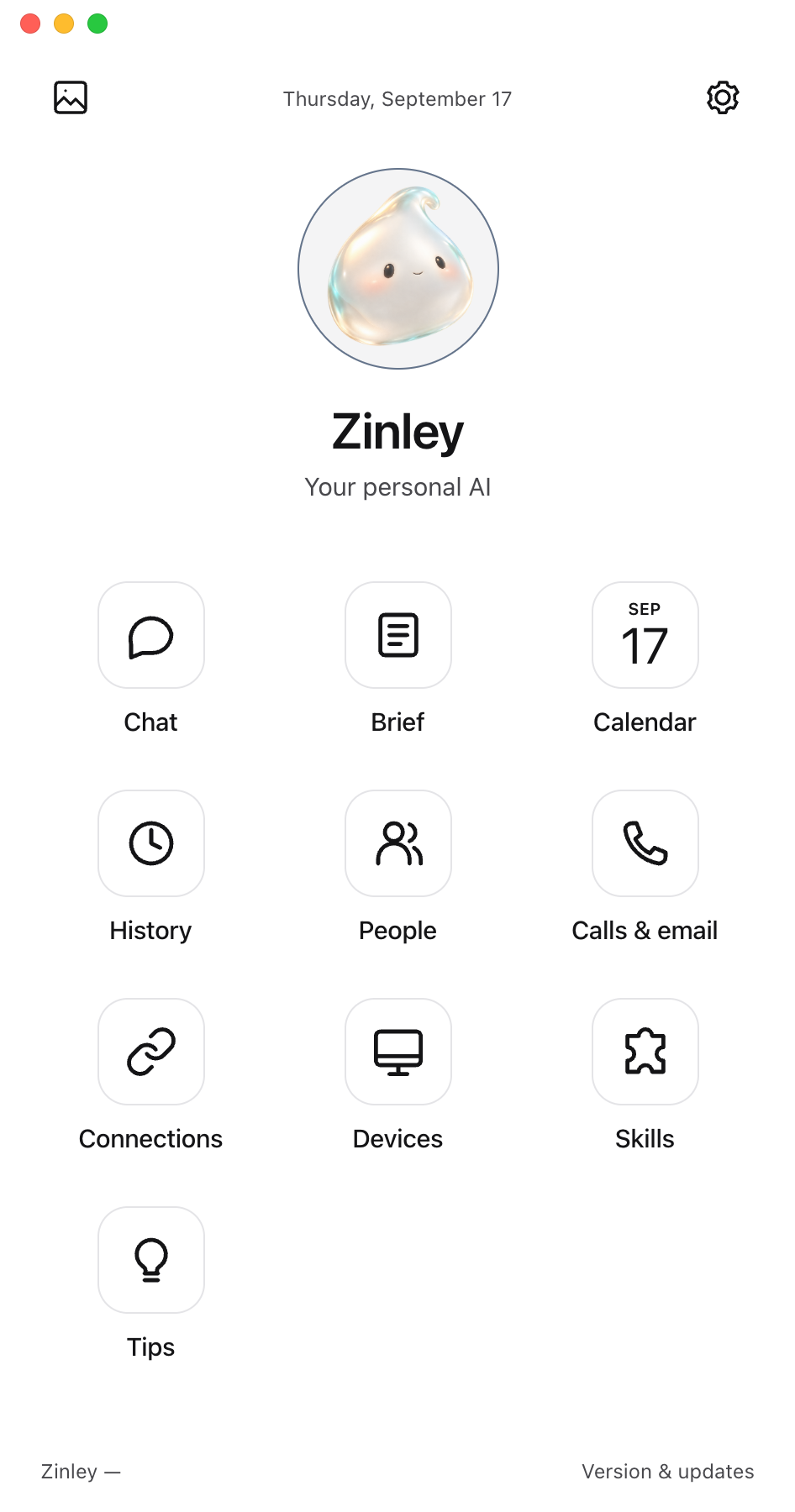 Zinley home screen with shortcuts to chat, calendar, people, devices, and more.