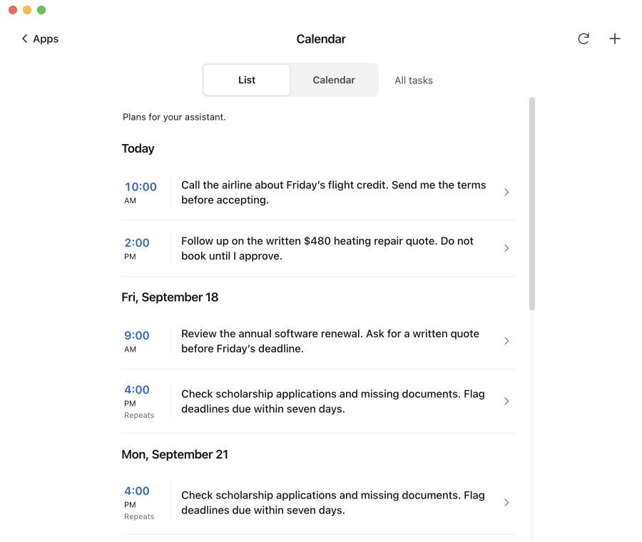 Zinley Calendar with an airline callback, a contractor quote follow-up, a scholarship deadline check, and a scheduled renewal review.