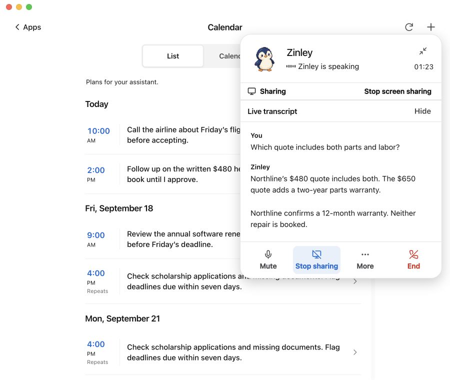 A realtime call with Zinley reviewing contractor quotes, with a live transcript, Sharing status, and Stop screen sharing control.