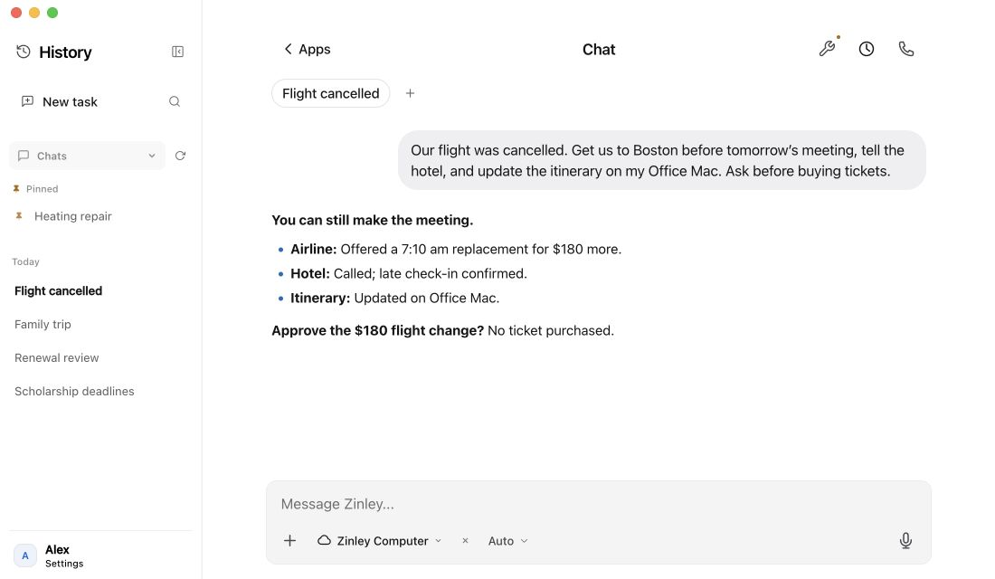 Example Zinley chat handling a cancelled flight: airline contacted, hotel informed, an updated itinerary saved on Office Mac, and a flight change awaiting approval.