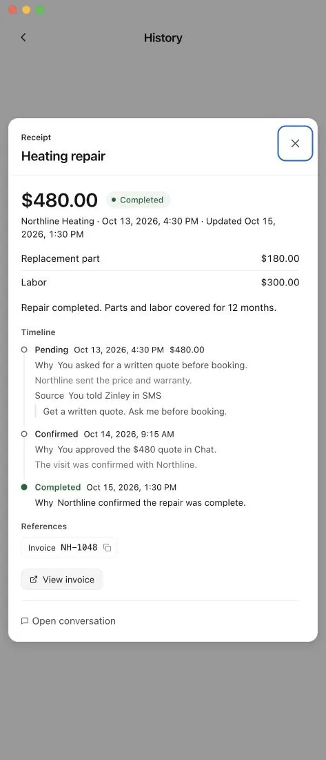 A purchase receipt with its approval and history