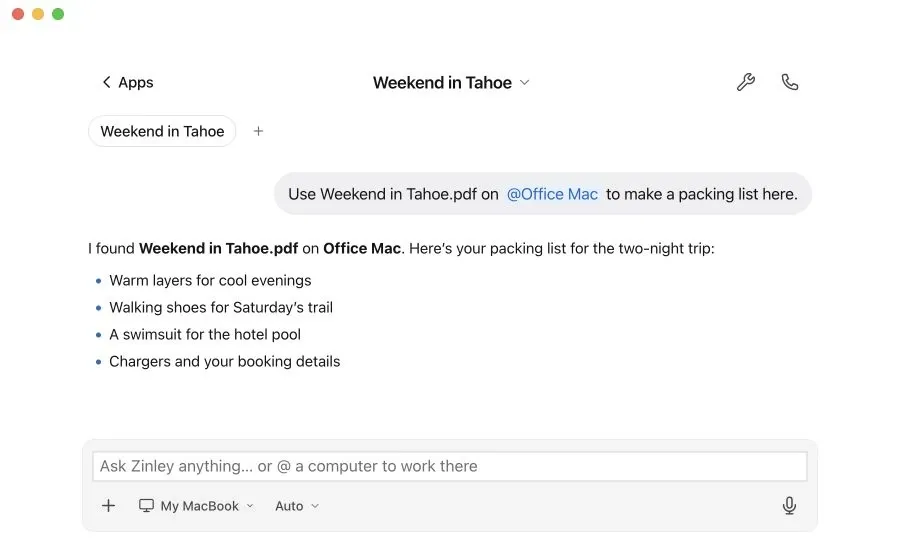 Zinley turns a trip plan on Office Mac into a packing list in the current chat