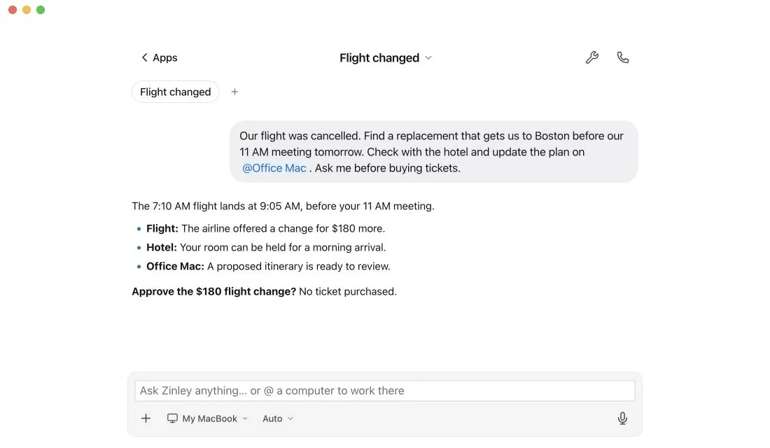 Zinley handles a cancelled flight, coordinates with the hotel, and asks before buying a replacement ticket