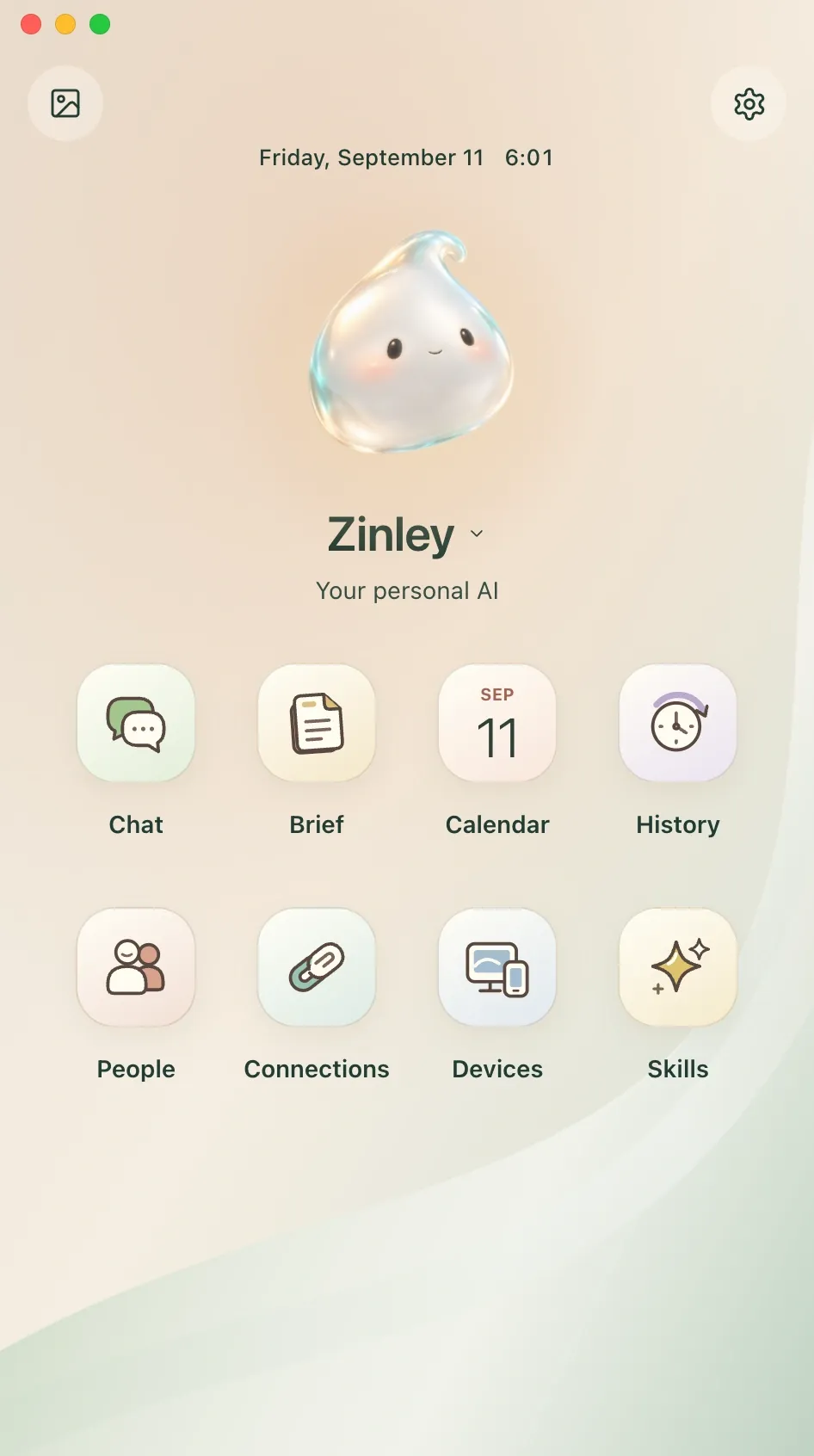 Zinley home screen with shortcuts to chat, calendar, people, devices, and more.