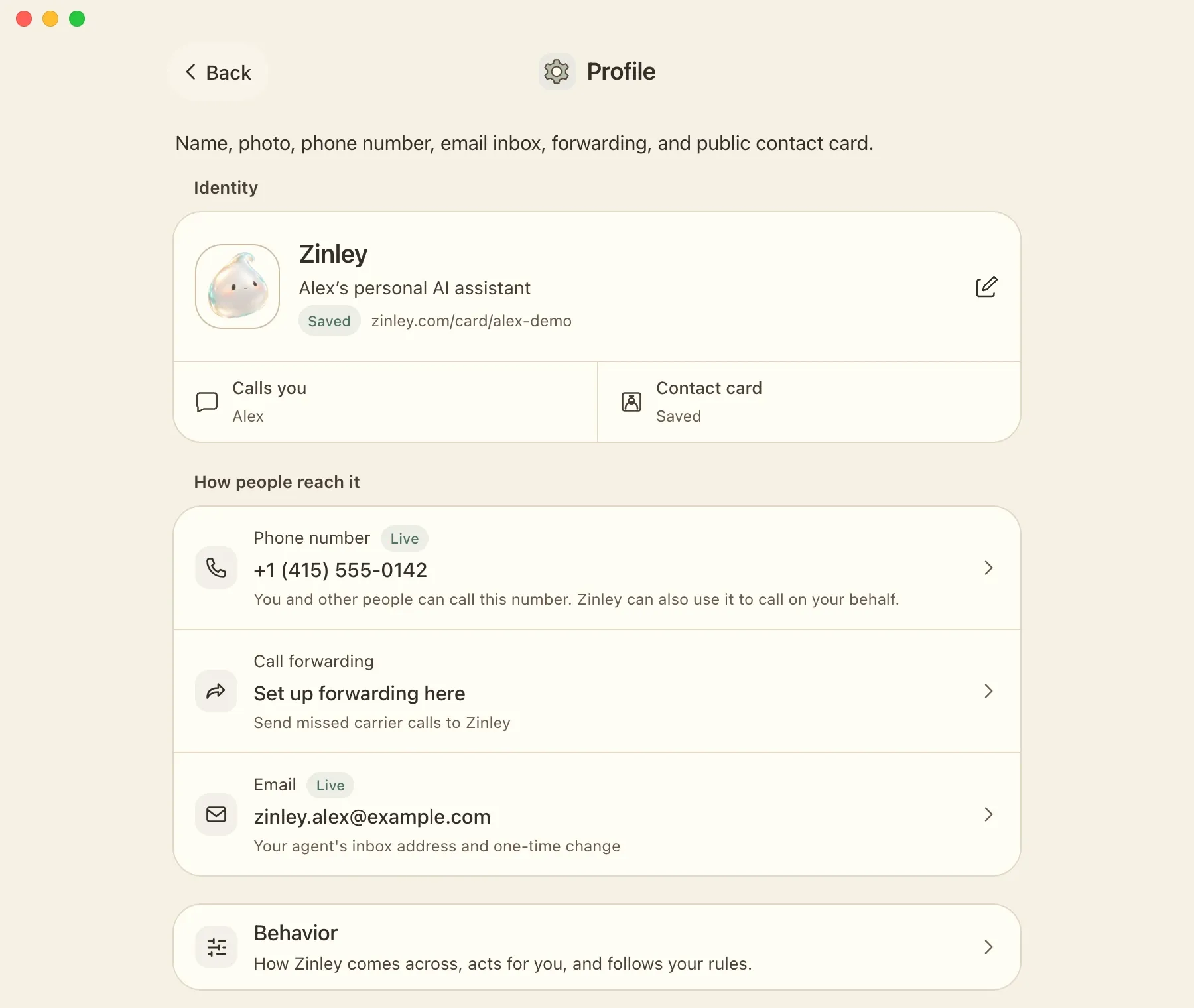 Zinley Phone & inbox screen showing Alex’s assistant, its phone number, email address, and contact card.