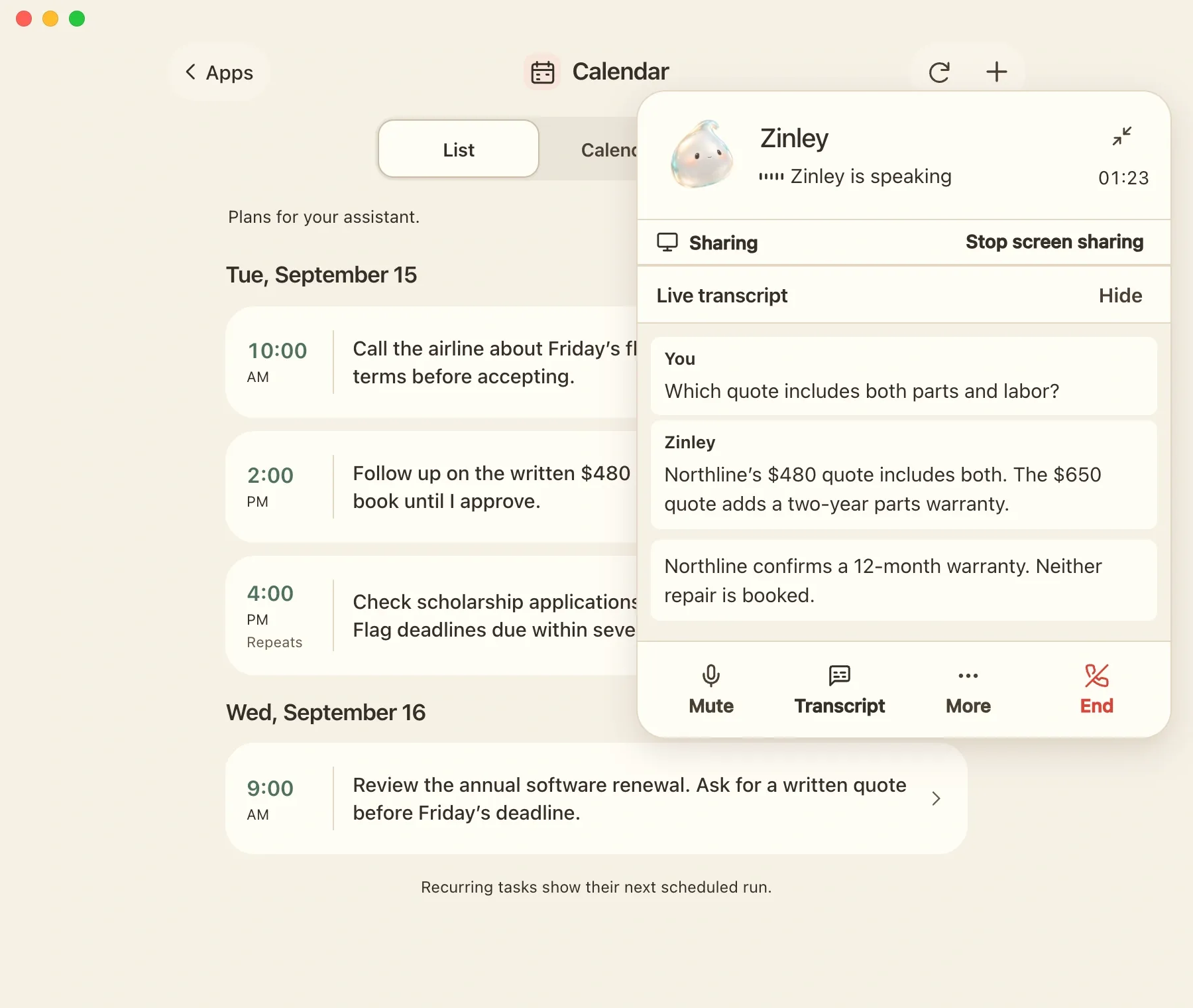 A realtime call with Zinley reviewing contractor quotes, with a live transcript, Sharing status, and Stop screen sharing control.