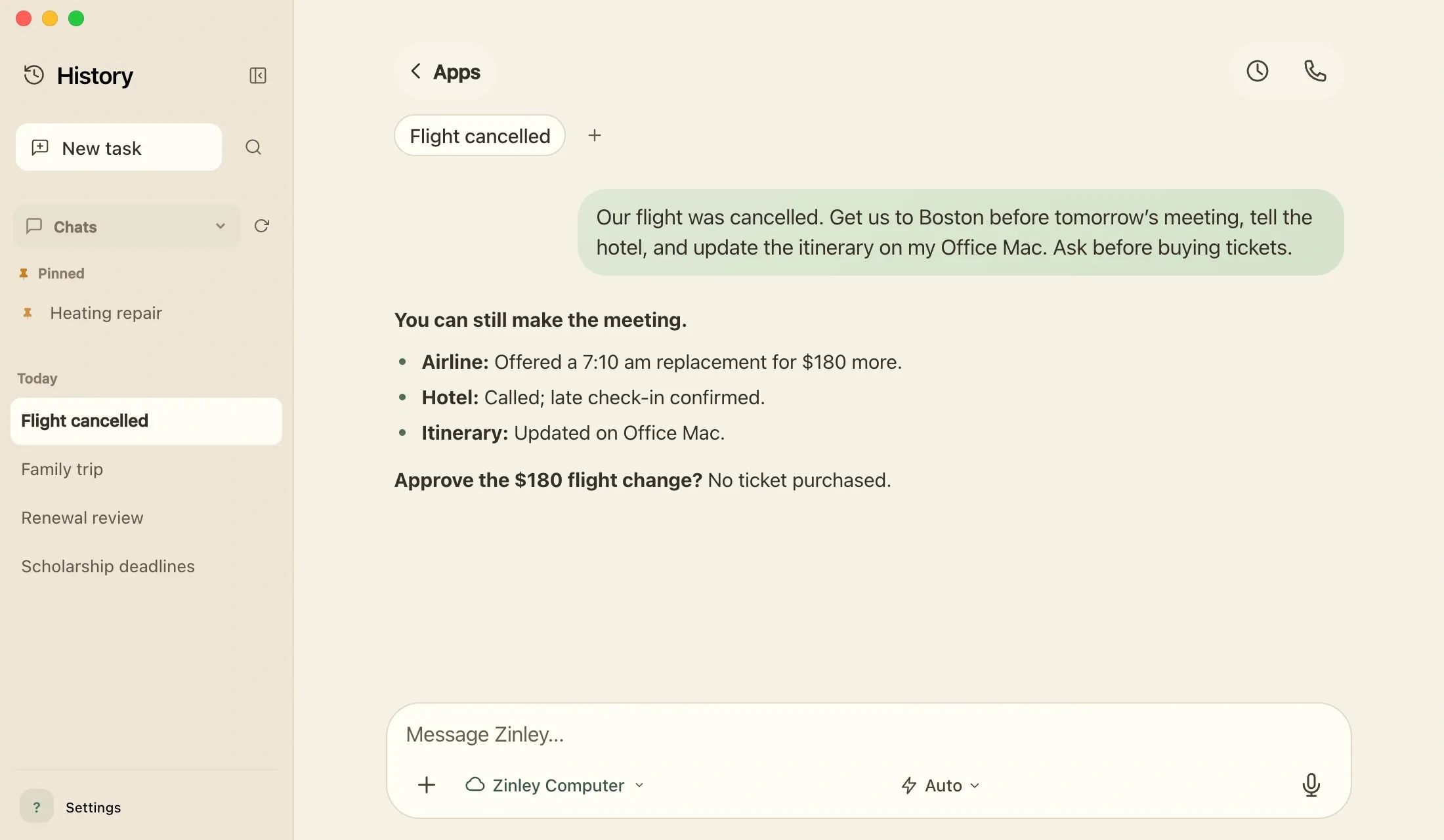 Example Zinley chat handling a cancelled flight: airline contacted, hotel informed, an updated itinerary saved on Office Mac, and a flight change awaiting approval.