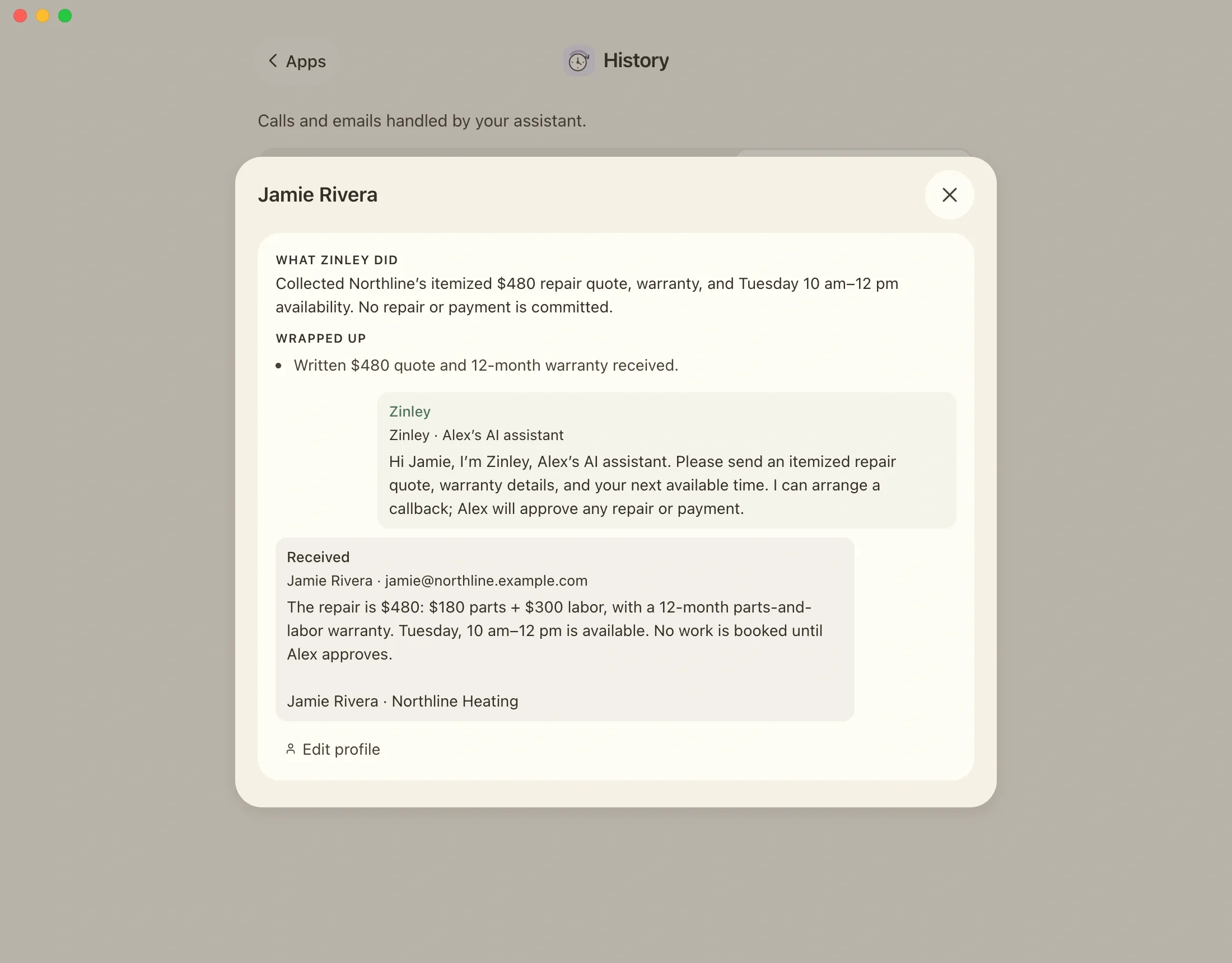 Zinley History showing an email exchange about an itemized home-repair quote and appointment availability.