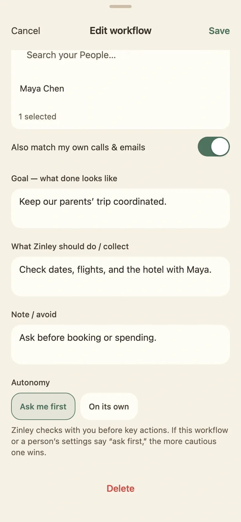 Zinley mobile workflow editor with a rule and the Ask me first and On its own autonomy options.