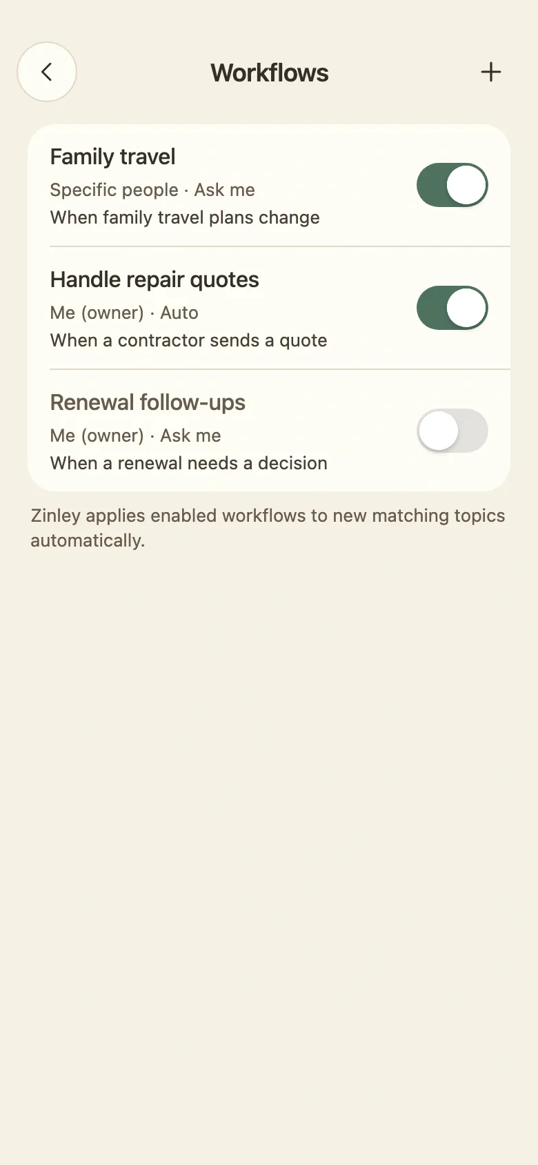 Zinley mobile Workflows screen with standing rules and controls to turn each workflow on or off.