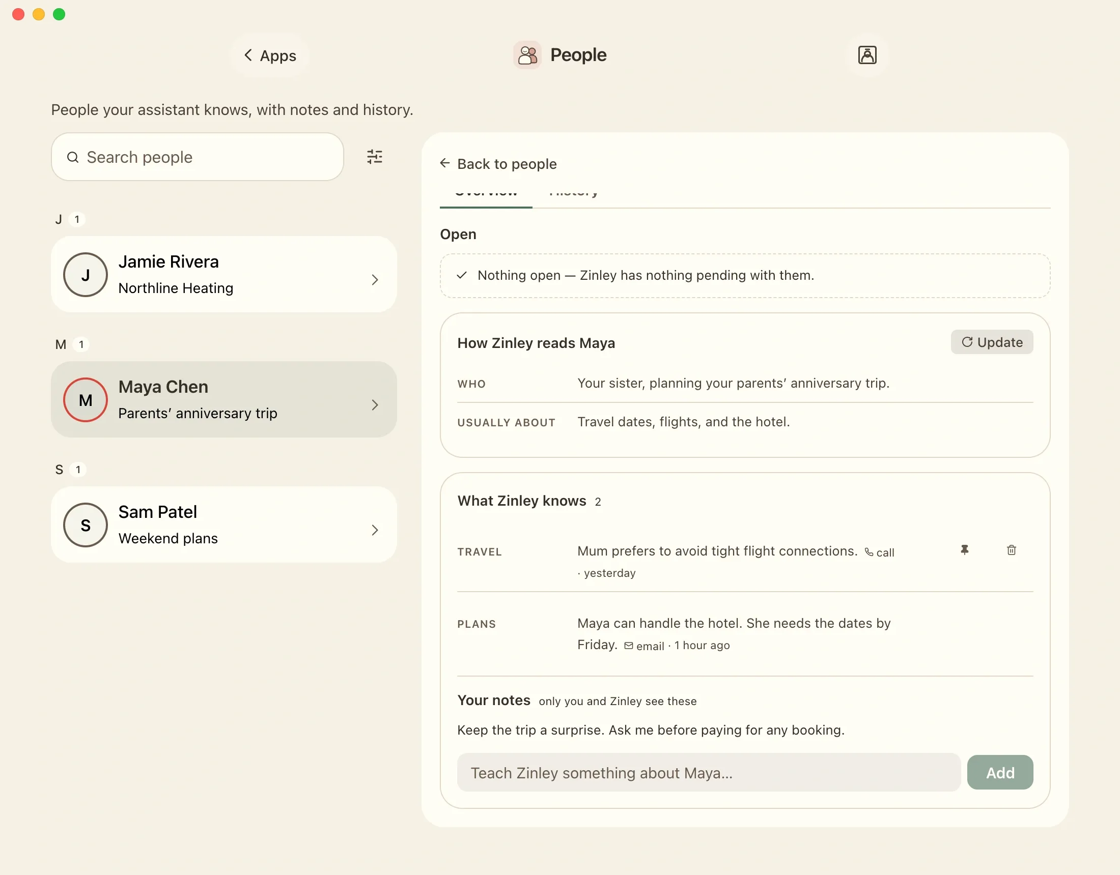 Maya Chen in People, with sourced travel preferences, family coordination, owner notes, and controls to edit what Zinley remembers.