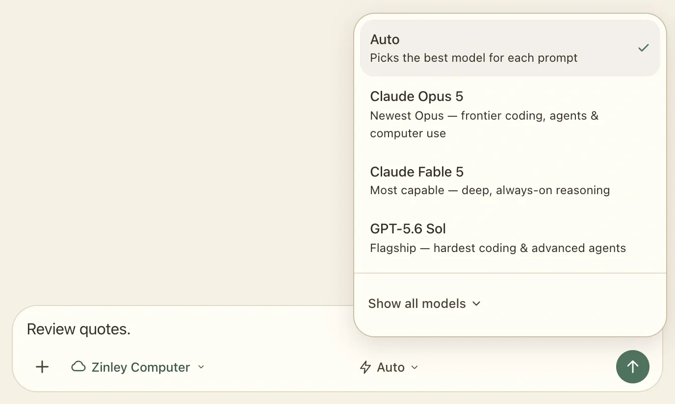 Zinley composer with the model picker open, showing Auto and available Claude and GPT models.