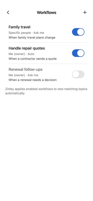 Zinley mobile Workflows screen with standing rules and controls to turn each workflow on or off.