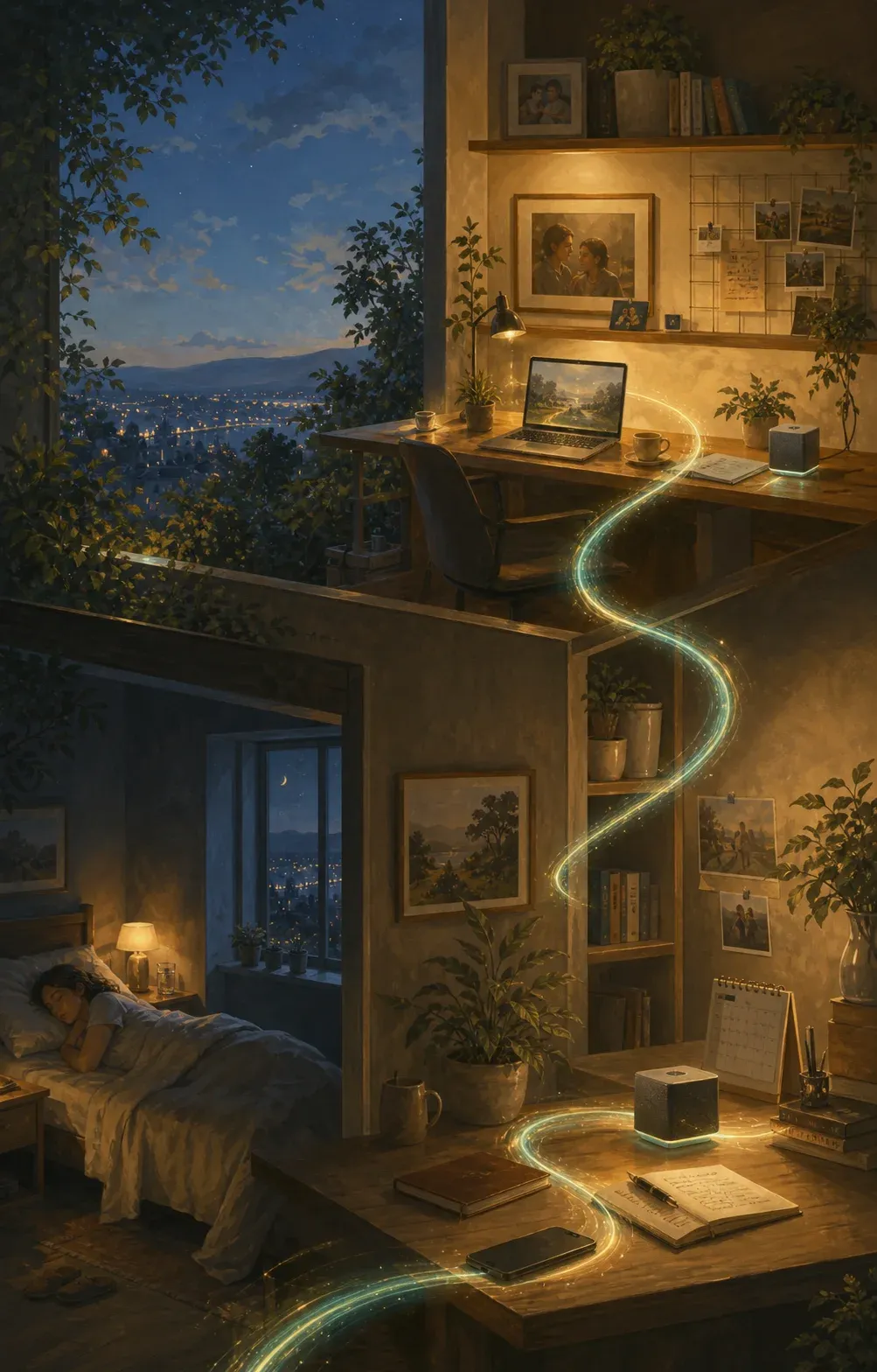 A quiet home at night with one light thread connecting the person's workspace, devices, and memories while they sleep