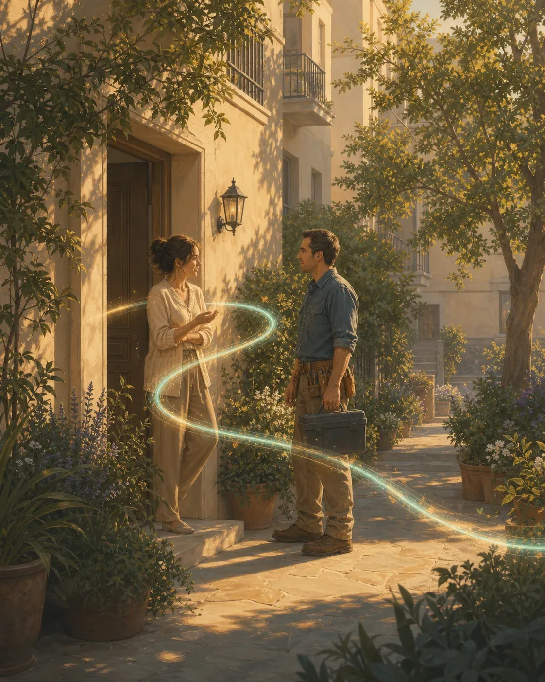 A tenant and repair professional calmly coordinating at an apartment doorway, connected by the same light thread